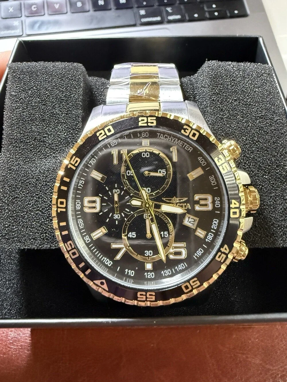 Invicta Men’s Two-Tone Chronograph Watch Black Dial Tachymeter Date Box